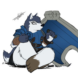 anthro armor barefoot biped clothed clothing ears_up feet female fluffy fully_clothed fur grey_body grey_fur shield simple_background sitting solo thick_thighs white_body white_fur scottyartz armello league_of_geeks magna_(armello) canid canine canis mammal wolf 1:1 2019 hi_res