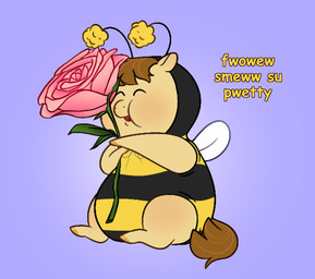 ambiguous_feral ambiguous_gender baby_talk bee_costume blush brown_hair brown_tail dialogue eyes_closed feral flower hair happy holding_flower holding_object holding_rose hooves lying neonate on_side open_mouth orange_hooves pink_rose plant purple_background rose_(flower) simple_background smile solo tail text yellow_body yellow_text young young_ambiguous young_feral meatfroot fluffy_pony beebee_(awfulfawn) fluffy_pony_(species) mammal 2025 digital_media_(artwork) english_description english_text