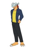 anthro anthrofied barefoot bottomwear clothed clothing feet fully_clothed jacket male pants shirt simple_background solo topwear white_background fuze bandai_namco digimon digimon_(species) wargreymon hi_res