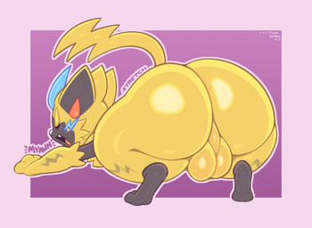 all_fours anthro balls big_balls big_butt black_body border butt cheek_tuft eyes_closed facial_tuft feet fingers fur genitals huge_butt male multicolored_body nude open_mouth outline perineum presenting presenting_hindquarters purple_background purple_border raised_tail rear_view simple_background solo stretching tail teeth text thick_thighs toes tongue tuft white_nose wide_hipped_male wide_hips yawn yellow_body yellow_fur frumples nintendo patreon pokemon generation_7_pokemon legendary_pokemon pokemon_(species) zeraora 2022 artist_name digital_media_(artwork)