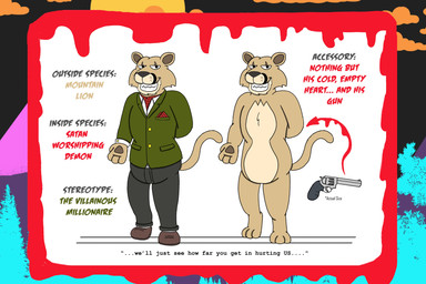 1980s_theme accessory_only anthro ascot blood bodily_fluids bright_colors brown_clothing brown_footwear brown_shoes cheek_tuft chest_tuft clothing cuff_links dress_pants evil_face evil_grin facial_tuft footwear gun hankerchief head_tuft horror_(theme) humor male no_genitals nude paws quote ranged_weapon shoes smile solo text tuft villainous weapon alystairphantem the_party_animals roger_cattaneo_(the_party_animals) cougar felid feline mammal 3:2 absurd_res english_text hi_res model_sheet
