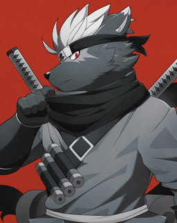 accessory anthro black_body black_fur fur hair headband katana male melee_weapon ninja red_eyes scar scroll solo sword warrior weapon white_hair ponzu_tas lifewonders tokyo_afterschool_summoners tadatomo_(tas) canid canine canis domestic_dog mammal hi_res