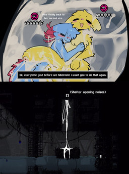 after_sex anthro blue_body bodily_fluids cum cum_everywhere duo excessive_cum excessive_genital_fluids female food_pips_(rain_world) fur gameplay_mechanics genital_fluids gills gui hung_femboy hunger_bar male male/female messy nude pink_body pink_fur yellow_body shiyaa_stuff rain_world videocult monk_(rain_world) rivulet_(rain_world) slugcat hi_res