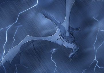 ambiguous_gender claws cloud electricity feet feral flying horn lightning open_mouth quadruped raining solo tail teeth toe_claws toes tongue wings lizet mythology atlatzin_(lizet) dragon mythological_creature mythological_scalie scalie 2025 blue_and_white digital_media_(artwork) monochrome male_(lore)