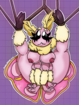anthro areola bdsm big_breasts binder_(restraint) bondage bound breast_squish breasts female flexible folded harness insect_wings legs_behind_head legs_up lepidopteran_wings looking_at_viewer nipples nude restraints solo spread_legs spreading squish suspension wings mana_hannah arthropod insect lepidopteran moth 3:4 hi_res