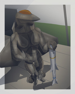 border breasts eyeless female grey_body grey_border hand_on_hip hand_on_object high-angle_view missile mouthless nipples nude shadow small_breasts solo wings affront animate_inanimate f-22_raptor humanoid hi_res