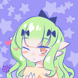 accessory black_bow bow_(feature) bow_accessory bow_ribbon centered_hair_bow female green_hair hair hair_accessory hair_bow hair_ribbon heart_reaction heart_symbol heart_wink long_hair looking_at_viewer not_furry one_eye_closed orange_eyes pattern_background pillow purple_background ribbons simple_background solo star star-shaped_background star_polygon star_symbol twin_bows twin_hair_bows wink winking_at_viewer rosse_chan nintendo pokemon connie_(rosse_chan) gardevoir generation_3_pokemon pokemon_(species) 1:1 2021 signature