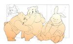 anthro ball belly clothing eyes_closed group hoodie kemono male overweight overweight_male scarf sitting sleeping topwear inunoshippo tera_online bear canid canine lagomorph leporid mammal popori rabbit raccoon_dog tanuki 2021 5:3