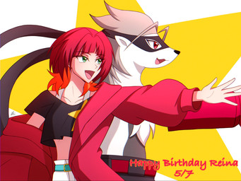 anthro clothing crop_top cybernetics duo female fur grey_body grey_fur hair jacket machine mask mechanical_arm red_hair shirt smile topwear bandai_namco digimon digimon_beatbreak reina_sakuya cyborg digimon_(species) human mammal wolvermon hi_res