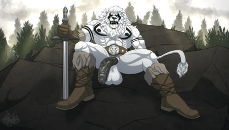 abs anthro balls barazoku beard belt big_balls big_penis black_markings black_nipples black_penis blue_eyes boots clothing facial_hair fangs footwear forest fur genitals gloves half-erect handwear huge_balls huge_penis humanoid_genitalia humanoid_penis leather leather_boots leather_clothing leather_footwear looking_at_viewer male mane markings melee_weapon muscular muscular_anthro muscular_male nipples outdoor_nudity pecs penis plant shoes sitting snarling solo sword tail tail_tuft teeth tree tuft vein veiny_penis weapon white_body white_fur white_mane grungotharts gaknuz_snowmane felid lion mammal pantherine hi_res