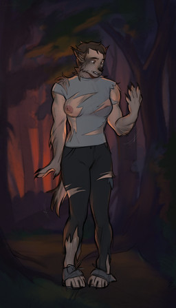 3_toes 5_fingers anthro areola athletic athletic_anthro athletic_female athletic_human biped bite biting_lip black_claws black_nose bottomwear breasts brown_eyes brown_hair cheek_tuft claws clenched_teeth clothing dark_lips digitigrade ears_back facial_tuft fangs feet female finger_claws fingers fluffy fluffy_tail footwear forest fur fur_growth gender_transformation grass grey_body grey_fur growth hair hair_to_fur human_to_anthro inner_ear_fluff looking_at_hand looking_at_own_hand mid_transformation mtf_transformation night nipples outside pants paws pink_nipples pivoted_ears plant shirt shocked shoes snout snout_growth solo species_transformation standing t-shirt tail tail_growth teeth tight_bottomwear tight_clothing tight_pants toe_claws toes topwear torn_bottomwear torn_clothing torn_pants torn_shirt torn_shoes torn_t-shirt torn_topwear transformation tree tuft wide_eyed worried lawaros mythology canid canine human mammal mythological_canine mythological_creature werecanid werecanine werecreature werewolf 2026 absurd_res digital_media_(artwork) hi_res shaded smaller_version_at_source warm_colors