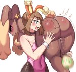 2024 anthro big_butt blush brown_body brown_fur bunny_costume butt butt_slap carrying_another carrying_partner clothed clothing costume duo egg female female/female fur generation_4_pokemon hi_res huge_butt human human_on_anthro interspecies lopunny mammal may_(pokemon) nintendo nude oviposition pokemon pokemon_(species) pokemon_egg pokephilia projectile_oviposition slap spank_marks spanking ytrall