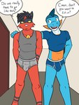 anthro anthrofied arm_around_shoulders blue_briefs blue_clothing blue_underwear briefs bulge clothed clothing colored_seam_underwear crop_top dialogue duo grey_briefs grey_clothing grey_underwear male midriff navel pantsless pokemorph shirt tank_top text topwear underwear white_seam_underwear fuze nintendo pokemon gao_(fuze) lucas_(fuze) generation_3_pokemon generation_7_pokemon marshtomp pokemon_(species) torracat 3:4 english_text hi_res