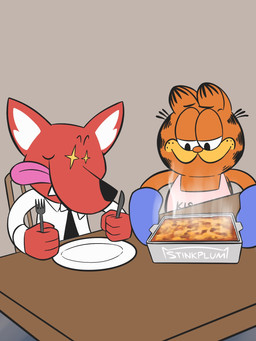 anthro apron black_nose black_stripes chair clothing collared_shirt cutlery duo food fork fur furniture grey_background handwear kitchen_utensils knife lasagna looking_at_object male necktie on_chair orange_body orange_fur oven_mitts pasta pink_nose plate sharp_teeth shirt simple_background sitting sitting_on_chair star_eyes steam striped_body striped_fur stripes table teeth tongue tongue_out tools toothy_grin topwear stinkplum garfield_(series) garfield_the_cat stinkplum_(character) canid canine domestic_cat felid feline felis fox mammal tabby_cat 3:4 hi_res