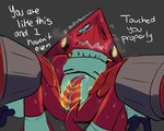 anthro blue_eyes blush bodily_fluids cloacal_penis duo embarrassed erection genitals male male/male penis pinned pinned_to_ground red_body sharp_teeth sweat teeth pirruwan bandai_namco digimon ballistamon digimon_(species) scalie shoutmon 5:4 hi_res