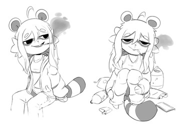 anthro beverage brown_body brown_skin chips_(food) cigarette clothed clothing coffee female food grey_hair groceries hair looking_at_viewer messy_hair raccoon_tail short_ears smoking soda solo yellow_eyes birshy smooky canid canine mammal procyonid raccoon raccoon_dog tanuki hi_res monochrome