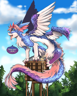 4_wings bodily_fluids claws cloud container detailed_background dialogue feathers female female_peeing feral fur genital_fluids genitals hair horn long_body long_tail multi_wing nude open_mouth outside peeing peeing_into_container sky smile solo speech_bubble spots tail text tongue tongue_out urine urine_stream vulva watersports wings raveneevee mythology rose_(fire2ninja) dragon felid feline hybrid leopard mammal mythological_creature mythological_scalie pantherine scalie 4:5 absurd_res digital_media_(artwork) english_text hi_res