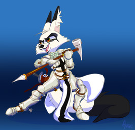 4_fingers anthro armor belt big_eyes big_pupils biped black_lips black_nose blue_background chainmail cheek_tuft claws cloak clothed clothed_anthro clothed_female clothing countershade_eyes countershade_face countershade_fur countershade_tail countershading dipstick_ears dipstick_tail ear_markings ear_tuft ears_up eyebrows eyelashes facial_tattoo facial_tuft female female_anthro finger_claws fingers footwear front_view fur gauntlets glistening glistening_clothing glistening_eyes gloves hair hammer handwear holding_object holding_weapon knee_pads leggings legwear lips long_tail makeup markings medieval medieval_armor medieval_clothing melee_weapon military multicolored_body multicolored_ears multicolored_eyes multicolored_fur open_mouth open_smile orange_eyes pink_tongue plantigrade polearm pose pupils robe sandals sheathed_sword shoes shoulder_pads simple_background slim slim_anthro slim_female smile snarling soldier solo spear spread_legs spreading spurs standing stringy_hair sword tail tail_markings tail_tuft tattoo teeth templar templar_cross tongue tools topwear tuft vest warrior weapon white_body white_claws white_cloak white_clothing white_fur auga penelope_(auga) templar_knight canid canine fox mammal 2026 hi_res portrait