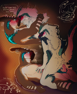 affectionate ambiguous_gender anthro balls blush bodily_fluids breath butt claws cowgirl_position crest_piercing duo erection feathers fingers fluffy from_front_position fur furgonomic_piercing furgonomics genital_fluids genitals head_crest heart_symbol hearts_around_head intersex intersex/male iridescent iridescent_scales love male muscular muscular_male nude on_bottom on_top open_mouth panting penetration penis piercing sex simple_background smile sweat tail text vulva white_body conditional_dnp skooma_whore blitz_(skooma_whore) jericho_(skooma_whore) dinosaur dromaeosaurid feathered_dinosaur feathered_scalie hadrosaurid ornithischian ornithopod parasaurolophus prehistoric_species reptile saurischian scalie theropod utahraptor digital_media_(artwork) english_text hi_res nonbinary_(lore)