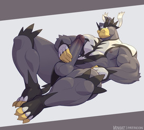 3_toes 5_fingers abs anthro balls big_muscles big_penis black_body black_clothing bottomwear bottomwear_aside claws clothed clothing clothing_aside erection feet fingers genitals hand_on_penis huge_muscles loincloth loincloth_aside loincloth_only lying male masturbation mostly_nude muscular muscular_anthro muscular_male nipples on_back pecs penile penile_masturbation penis solo spikes spikes_(anatomy) thick_thighs toe_claws toes topless vein veiny_penis white_body white_clothing yellow_body voviat nintendo pokemon bear generation_8_pokemon legendary_pokemon mammal pokemon_(species) single_strike_style_urshifu urshifu hi_res