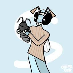 ambiguous_gender antennae_(anatomy) anthro black_eyes blue_body blue_hands blue_legs bottomless clothed clothing duo feral grey_body heart_eyes heart_symbol holding_character holding_feral looking_at_another mandibles markings silly simple_background size_difference slim standing star_(marking) sweater sweater_only tan_antennae tan_claws tan_clothing text topwear topwear_only turtleneck wings otherside skyblue_(otherside) arthropod crustacean hymenopteran insect isopod malacostracan pill_bug wasp woodlouse 1:1 2025 artist_name colored digital_drawing_(artwork) digital_media_(artwork) shaded signature