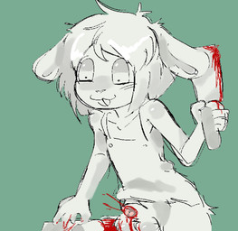 5_fingers anthro apron apron_only balls blood bodily_fluids button_(fastener) cleaver_(knife) clothing cock_and_ball_torture cutlery ears_down fingers fur fuzzy_balls genital_mutilation genital_torture genitals gore hair kitchen_knife kitchen_utensils knife male mutilation penectomy pivoted_ears solo tools drawfag waxman_(bnyn) lagomorph leporid mammal rabbit wax_creature
