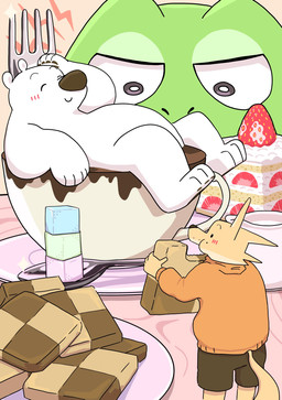 anthro belly biped black_eyes blush bottomwear cake clothing cookie cutlery dessert detailed_background eating eyes_closed food fork green_body group kemono kitchen_utensils micro overweight shorts tools white_body panda_po bear canid canine fox mammal polar_bear ursine 2024 hi_res