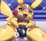 bodily_fluids breath bruised bulge clothing cosplay_pikachu_(costume) fangs feral fighting_ring half-closed_eyes male musk musk_clouds narrowed_eyes solo sweat sweatdrop teeth mincheeto nintendo pokemon pikachu_libre generation_1_pokemon pikachu pokemon_(species)