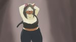 anthro bottomwear breasts cleavage clothed clothing crop_top ears_up female hands_behind_head pants shirt smile solo sweatpants tongue tongue_out topwear undressing wardrobe_malfunction ails 16:9 widescreen