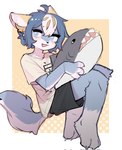 ahoge ambiguous_gender anthro barefoot black_bottomwear black_clothing black_shorts blue_eyes blue_hair bottomwear claws clothed clothing cute_fangs feet hair holding_object holding_plushie inner_ear_fluff kemono looking_at_viewer open_mouth open_smile plushie shark_plush shirt short_hair shorts smile solo tail toe_claws topwear tuft white_clothing white_shirt white_topwear crayon_(artist) ikea blahaj character_dpaws canid canine canis mammal wolf hi_res