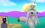 anthro areola big_breasts black_areola blonde_hair blood blue_body blue_fur blush bodily_fluids breasts clothing cloud ear_tuft female fur green_ears green_eyes grey_body grey_clothing grey_fur grey_hoodie grey_topwear hair hoodie long_hair macro_female micro_male mountain nosebleed simple_background sky smile topwear translucent translucent_clothing tuft warpy_(character) warpy_(artist) nanaki_azakee canid canine canis deity domestic_cat felid feline felis mammal wolf 2024 hi_res