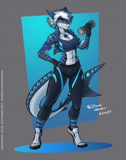 abs anthro armband biped blue_eyes bottomwear bra breasts cleavage clothed clothing collarbone countershading dog_tags dorsal_fin dumbbell exercise eyebrows eyelashes facial_piercing female fin footwear furgonomic_piercing furgonomics gloves hair hand_on_hip handwear jewelry looking_at_viewer markings midriff muscular muscular_anthro muscular_female muzzle_piercing navel navel_piercing necklace non-mammal_breasts nose_piercing nose_ring pants piercing ring_piercing shoes simple_background smile solo sports_bra standing tail tail_fin tattoo tight_clothing underwear weights white_hair yoga_pants wmdiscovery93 nika_sharkeh aquatic fish shark 2017 hi_res signature