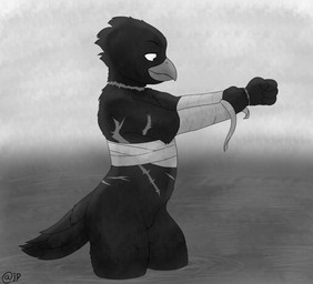 anthro bandage bathing beak female nude scar scars_all_over solo water young inprogress avian bird corvid corvus_(genus) crow oscine passerine absurd_res greyscale hi_res monochrome