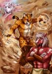 abs anthro biceps bottomwear brown_body brown_fur brown_nose bulge chain clothed clothing crossed_arms female fur grey_hair group hair loincloth looking_at_viewer male muscular open_mouth orange_eyes pecs red_body red_eyes red_fur scar smile spots teeth tongue topless baroque_(artist) canid canine canis cheetah domestic_dog equid equine felid feline horse mammal hi_res