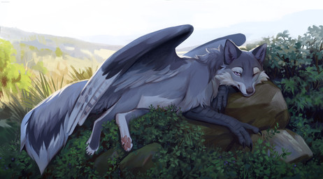 ambiguous_gender claws countershade_torso countershading day feathers feet feral fur looking_at_viewer lying on_front outside paws scutes sky smile solo tail toes wings dannoitanart hioshiru_(character) enfield 2026 digital_drawing_(artwork) digital_media_(artwork) hi_res female_(lore)