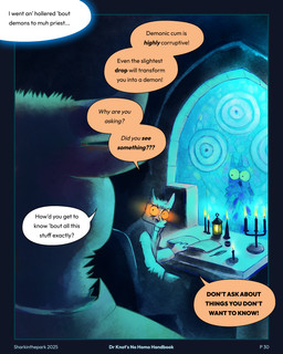 3_fingers big_eyes bold_text book border candle candlestick chair desk dialogue duo fingers furniture glowing glowing_eyes lamp looking_back loose_feather male orange_eyes priest quill speech_bubble stained_glass table sharkinthepark avian bird bovid bovine cattle mammal owl 2025 4:5 absurd_res hi_res