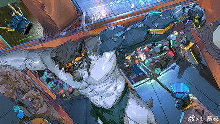 abs accessory anthro barazoku beard biceps black_ears blue_body blue_bottomwear blue_clothing blue_eyes blue_fur blue_loincloth bottomwear brown_body brown_skin christian_cross christian_symbol clothing cross crucifix crucifixion detailed_background eye_scar eyebrows facial_hair facial_scar fur grey_body grey_fur grey_hair grey_nose group hair headband high-angle_view horn horned_headwear inside kemono large_pectorals loincloth machine male male_anthro male_focus mouth_closed muscular muscular_anthro muscular_male mutton_chops nailed nipples one_eye_closed orange_headband outstretched_arms pecs pink_nipples pointy_ears prick_ears prosthetic prosthetic_arm prosthetic_limb religion religious_symbol robe scar science_fiction short_hair solo spread_arms tail thick_eyebrows thick_thighs weibo_logo wounded tooboshoo christianity weibo canid canine canis domestic_dog humanoid mammal robot robot_humanoid watermark