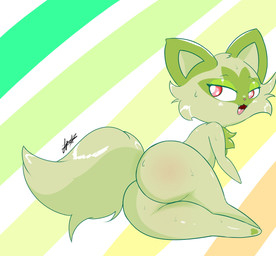 ambiguous_gender bedroom_eyes blush bodily_fluids bubble_butt butt butt_focus fangs feral fluffy fluffy_tail looking_at_viewer lying narrowed_eyes neck_tuft on_side pattern_background sassy seductive simple_background solo striped_background sweat sweatdrop tail teeth thick_thighs tuft pixyfox23 nintendo pokemon felid feline generation_9_pokemon mammal pokemon_(species) sprigatito hi_res