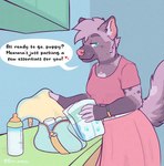 anthro baby_bottle baby_powder bag blue_eyes bracelet clean_diaper clothed clothing dialogue diaper diaper_bag dress female fur holding_diaper jewelry pink_nose purple_body purple_fur smile solo speech_bubble text touching_diaper wetness_indicator ori_mew hyena mammal english_text