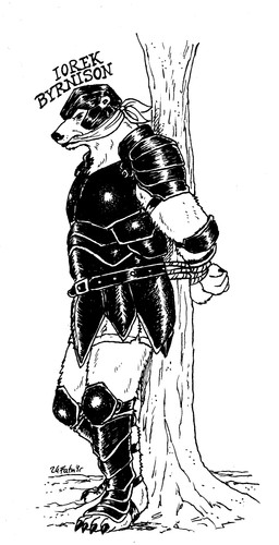 anthro armor bound claws clothed clothing fur gag gagged hands_tied headgear helmet male plant plantigrade side_view snout solo standing tied_to_tree toe_claws tree eternal.knot his_dark_materials iorek_byrnison bear mammal panserbjorn 2024 absurd_res black_and_white full-length_portrait hi_res monochrome portrait