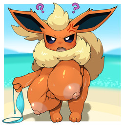 annoyed anthro areola beach big_breasts big_butt big_ears big_tail bikini bikini_top blue_eyes blue_sky blush blush_lines bodily_fluids breasts brown_areola brown_nipples butt clothing cloud cross-popping_vein fangs female female_anthro fluffy fluffy_tail fur genitals huge_breasts hyper hyper_breasts kemono long_ears looking_at_viewer motion_lines nipples nude one_tooth question_mark red_body red_fur sea shortstack sky solo sweat sweaty_breasts sweaty_butt sweaty_face sweaty_legs swimwear tail teeth two-piece_swimsuit water obikuragetyan nintendo pokemon eeveelution flareon generation_1_pokemon mammal pokemon_(species) 1:1 digital_media_(artwork) hi_res