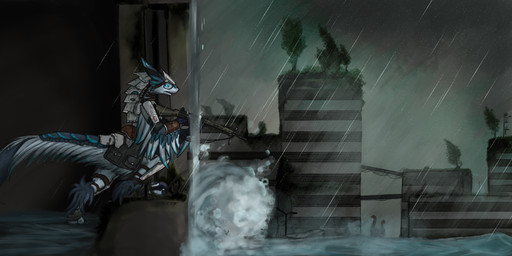anthro armor belt blue_body blue_eyes blue_feathers blue_markings boat bridge city feather_markings feathers flood flooded flooding grey_body grey_feathers gun leather looking_out_window makeshift_armor male markings plant plate_armor pouch_(clothing) protective_eyewear raining ranged_weapon reeds rifle ruined_city solo storm tail tail_markings tree tsunami vehicle water watercraft weapon white_body white_feathers toddavali the_forgotten_(justin_eckelbarger) kyori enolaraptor absurd_res hi_res