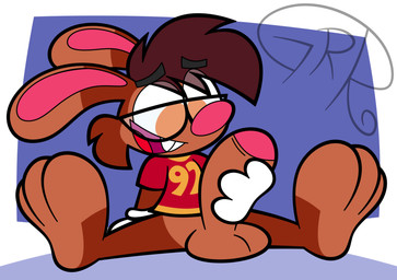 3_toes 4_fingers anthro balls big_feet big_penis cartoon_gloves clothing eyewear feet fingers genitals glasses humanoid_genitalia humanoid_penis male open_mouth paws penis penis_grab red_tongue shirt soles solo toes tongue toony topwear wearing_glasses conditional_dnp sr-g roderick_(tamerkoh) lagomorph leporid mammal rabbit