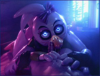 accessory anthro beak being_watched blue_eyes bodily_fluids bow_ribbon clothing cum cum_drip cum_on_beak cum_on_face cum_on_hand cum_on_lips cum_on_penis dripping duo erection female genital_fluids genitals gloves hair hair_accessory handwear leotard lipstick looking_at_another looking_at_viewer looking_through looking_through_window machine makeup male male/female on_model penis pink_clothing pink_leotard white_body mrcourage616 ashley_orange_(modeler) five_nights_at_freddy's five_nights_at_freddy's:_security_breach scottgames steel_wool_studios glamrock_chica hideo_kojima animatronic avian bird chicken galliform human mammal phasianid robot 3d_(artwork) digital_media_(artwork) hi_res