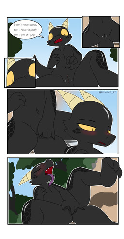 anthro black_body black_scales dialogue feet female forest genitals long_tongue masturbation navel non-mammal_navel non-mammal_vulva open_mouth plant purple_tongue scales soles solo toes tongue tongue_out tree vulva yellow_eyes pencil_bolt blacky_(pencil_bolt) kobold scalie absurd_res comic hi_res