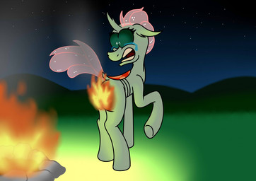 bodily_fluids burning butt butt_on_fire campfire female feral fire night pain smoke solo star tears hot_rolls friendship_is_magic hasbro my_little_pony ocellus_(mlp) changeling_(mlp) digital_media_(artwork)