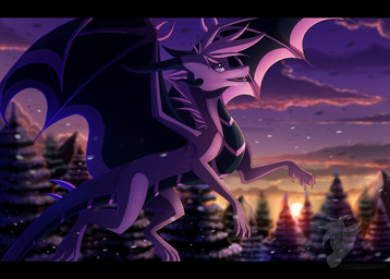 blue_eyes claws detailed_background feral flying hair horn membrane_(anatomy) membranous_wings open_mouth outside smile solo sunset tail teeth white_hair wings skaydie european_mythology mythology dragon mythological_creature mythological_scalie scalie western_dragon 2014 digital_media_(artwork) letterbox
