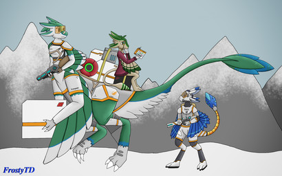 3_fingers 3_toes 4_ears 4_toes anthro armor avali_logo avalon_(avali_homeworld) biped bipedal_taur black_eyes black_text blue_body blue_feathers blue_tail_tip blue_tail_tuft blue_text blue_wings boots box claws clothed clothed_anthro clothed_female clothed_male clothed_taur clothing container determined dipstick_tail eyewear feather_hair feathered_wings feathers feet female female_taur fingers footwear formal_clothing futuristic_armor futuristic_clothing futuristic_gun futuristic_suit futuristic_weapon green_body green_feathers green_tail green_tail_tuft green_wings grey_feet grey_hands grey_scutes grey_sky group gun holding_box holding_container holding_gun holding_object holding_ranged_weapon holding_weapon larger_clothed larger_taur looking_back male male_anthro markings merchant monocle mount mountain mountain_background multi_ear name_tag on_a_mission on_guard on_snow orange_armor pseudo_hair ranged_weapon red_clothing red_shirt red_topwear restraints rich rich_person rider riding riding_taur scutes serial_number shirt shoes sitting_on_another size_difference sky smaller_anthro smaller_clothed snow snowy_mountain stock_market stocks supplies tail tail_markings tail_tuft tan_body tan_feathers taur_ride taur_transportation text toes topwear trading_stocks transportation trio tuft walking walking_on_snow weapon wearing_armor white_armor white_arms white_body white_boots white_box white_claws white_clothing white_feathers white_footwear white_wings winged_arms wings frostytd156 evergreen_(frostytd156) kaiju_(frostytd156) richardson_(frostytd156) avali avali_taur avian avian_taur taur hi_res signature female_(lore) male_(lore)