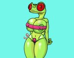 anthro bandeau big_breasts big_eyes breasts clothing female genitals green_body green_skin one-piece_swimsuit pussy pussy_tape solo swimwear tape thick_thighs topwear translucent translucent_clothing translucent_swimwear steph_chan amphibian frog red-eyed_treefrog tree_frog absurd_res hi_res meme