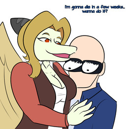 5_fingers anthro bald blonde_hair blue_clothing blue_jacket blue_topwear bone_frill breasts bulging_eyes cleavage clothed clothing crossgender dialogue duo eyelashes feathered_wings feathers female fingers frill_(anatomy) hair human_on_anthro imminent_sex interspecies jacket light-skinned_male light_body light_skin male male/female mtf_crossgender open_mouth open_smile pale_body pale_scales red_eyes simple_background smile snout text topwear white_background wings arsenic_iii cavemanon_studios i_wani_hug_that_gator iadakan inco_(iwhtg) human mammal prehistoric_species pterosaur reptile scalie 2025 digital_drawing_(artwork) digital_media_(artwork) english_text